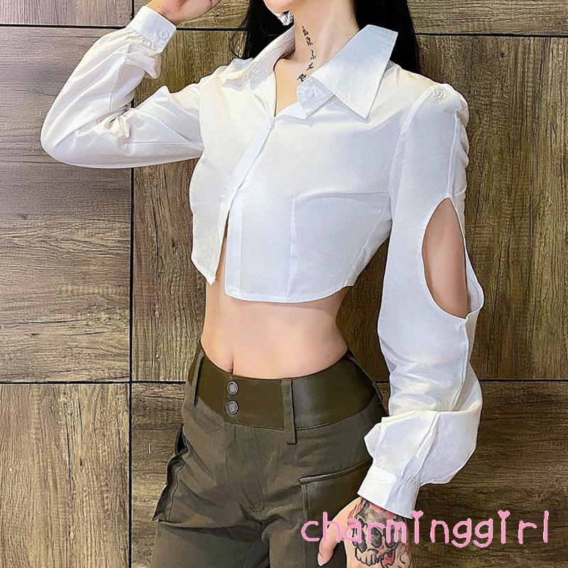 Áo Croptop Tay Dài Cổ Bẻ Màu Trơn Dáng Ôm Cài Khuy Thời Trang Mùa Xuân Cho Bạn Gái