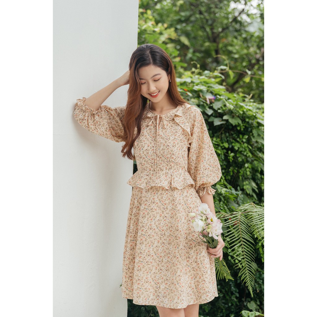 Đầm liền váy hoa nữ peplum chất lụa thô hoa nhí [TNV3214]