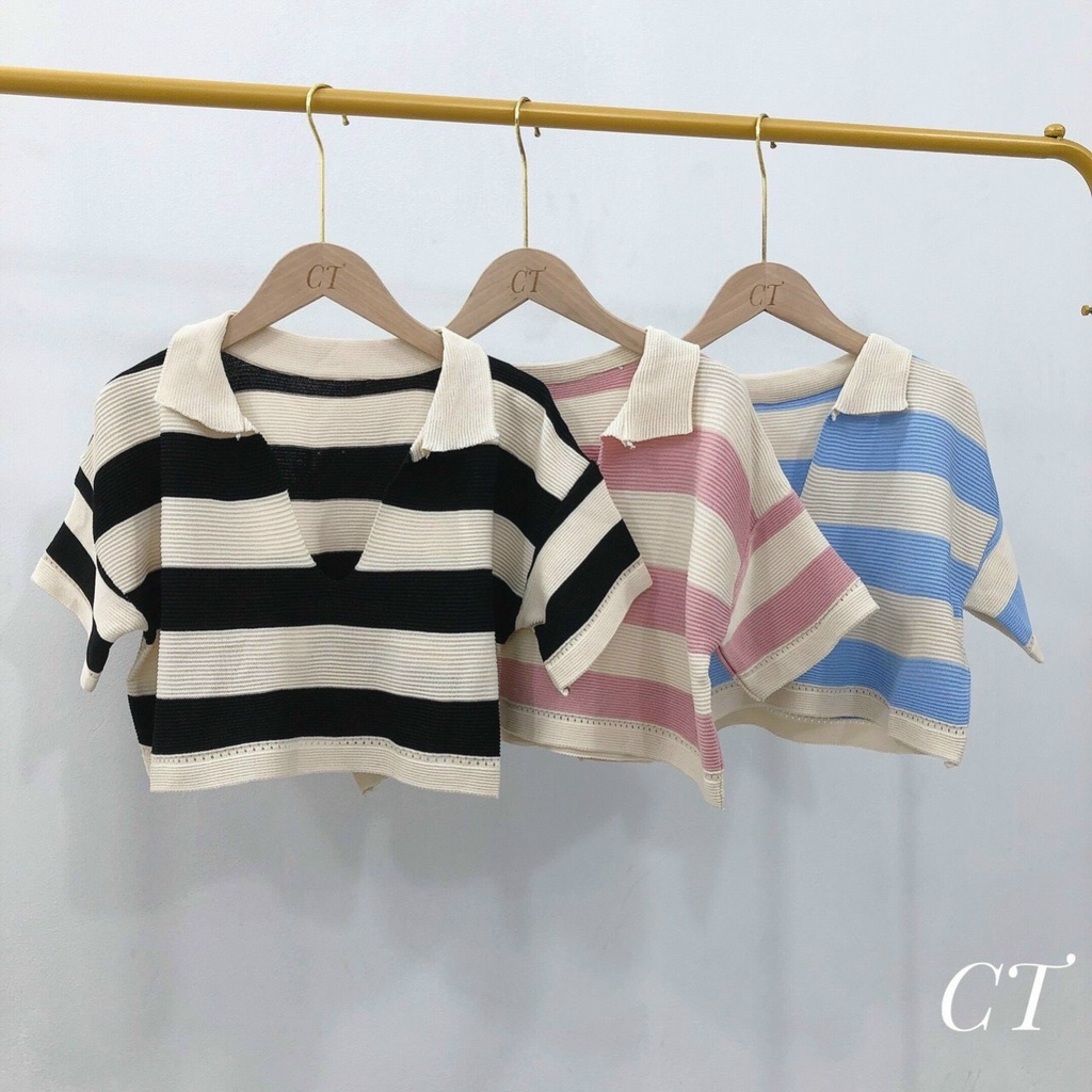 [HCM][FREE SHIP] áo croptop tay ngắn cổ bẻ phối sọc hai màu chất len dày dặn lên form trẻ trung xinh xắn ❤️⭐️❤️sa035
