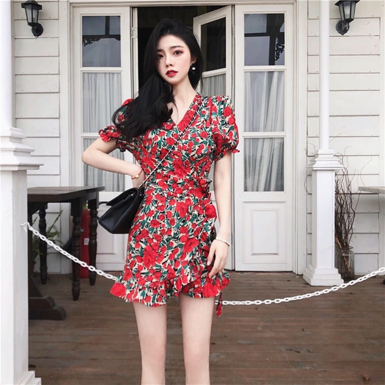 Váy đắp chéo đỏ hoa nhí