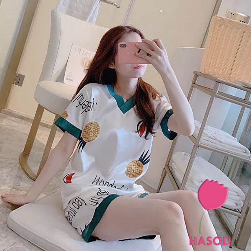 [Mã WARN20 giảm 20k đơn 150k] [Phom rộng]💕Bộ Ngủ-Đồ Ngủ Phi Lụa Cao Cấp Tay Ngắn Siêu Đẹp Màu Trắng Hình Dứa DB03 | BigBuy360 - bigbuy360.vn