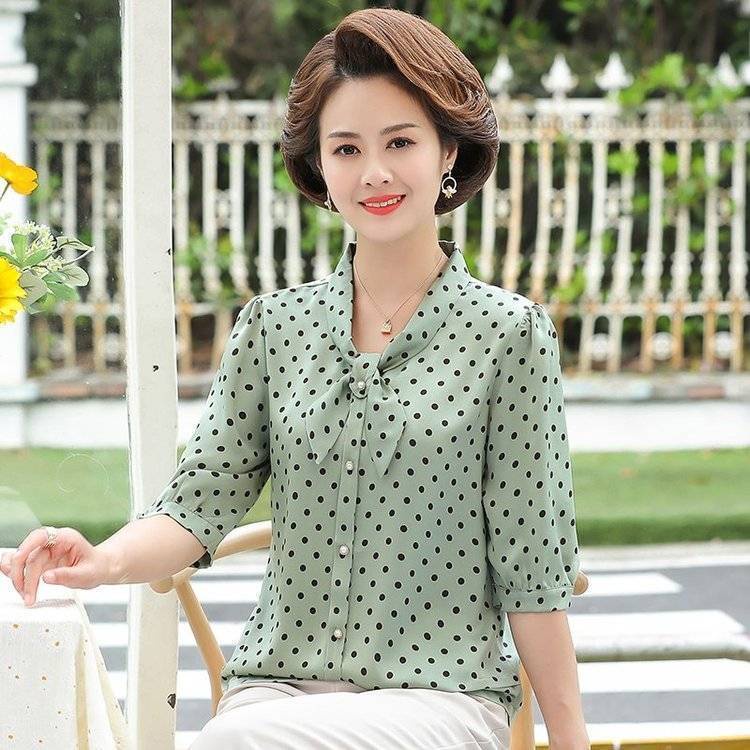 Áo sơ mi chiffon tay ngắn họa tiết chấm bi thời trang cho phụ nữ trung niên