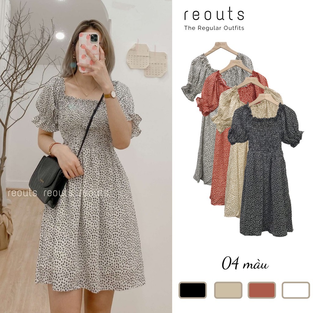 Váy xòe hoa nhí dáng trễ vai và ngực vuông Ảnh thật Thời trang nữ Reouts