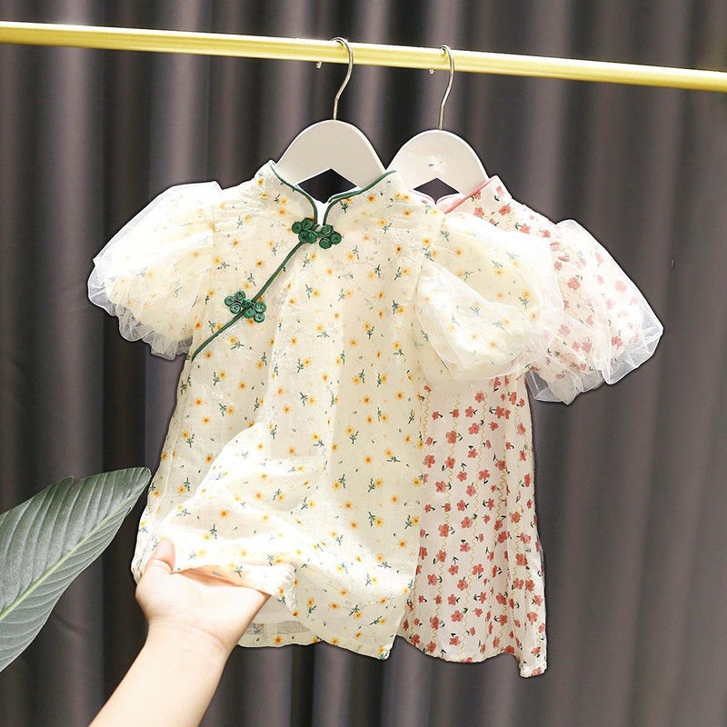 Sườn Xám Ngắn Tay In Hoa Thời Trang Mùa Hè Mới Dành Cho Bé Gái