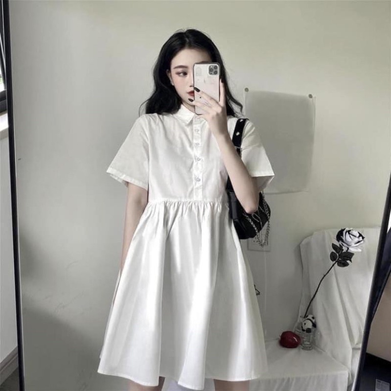 Đầm Babydoll Sơ Mi Xòe Trắng Có Lót, Đầm Đi Tiệc, Đầm Đi Dạo Phố - Dom Dress T177