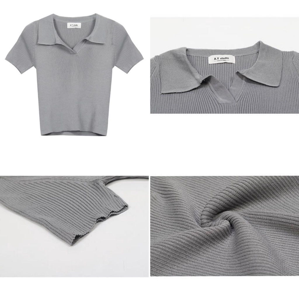Áo croptop Polo len tăm nữ cổ bẻ V dáng ôm tay ngắn hàng dệt kim montergy Quảng Châu nhiều màu AL12