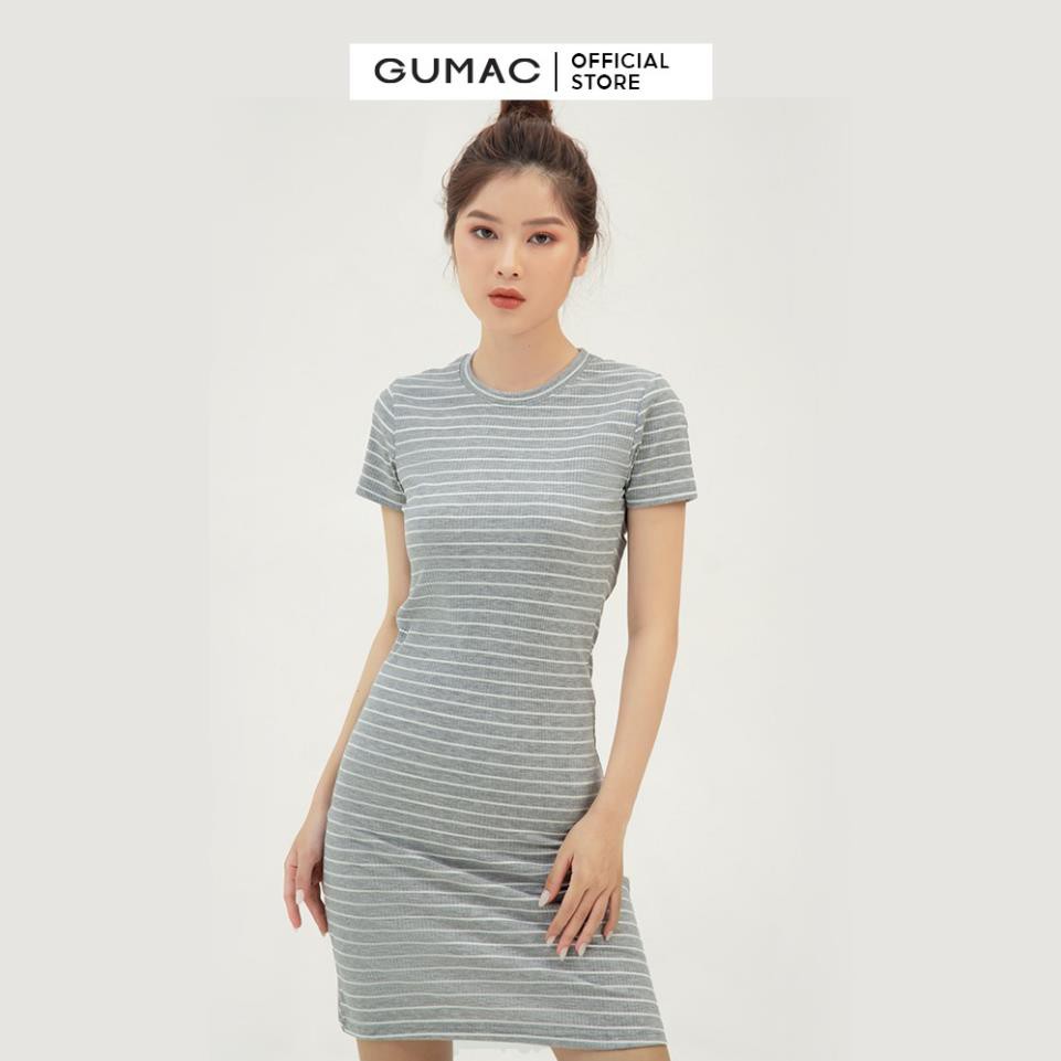 Đầm thun nữ ôm body GUMAC chất liệu sọc ngang, tay ngắn sexy DB303 đẹp