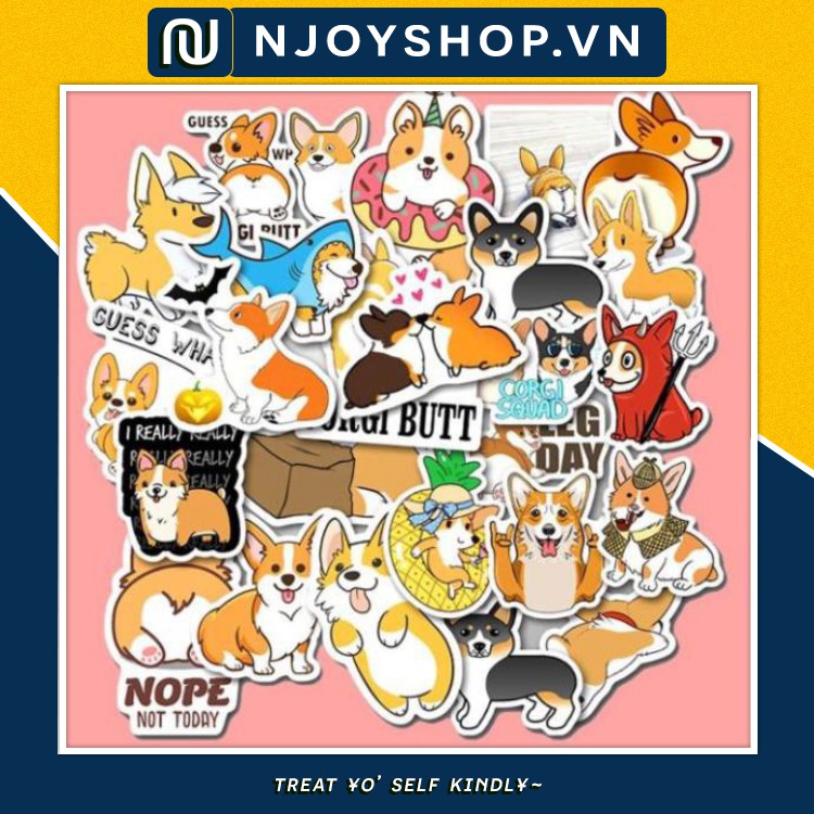 SET 50 MIẾNG STICKER CHÚ CHÓ CORGI DỄ THƯƠNG CHỐNG NƯỚC DÁN NÓN BẢO HIỂM, LAPTOP, VALI, TỦ, BÀN HỌC, XE MÁY