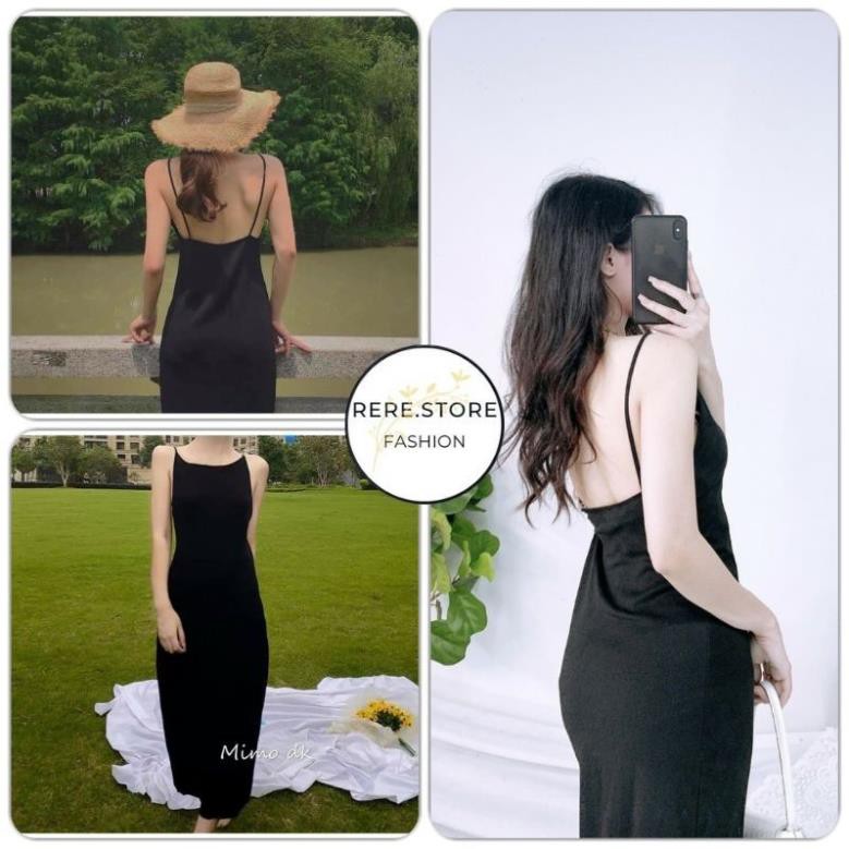 Váy Body Hai Dây Khoét Lưng - Rere.Store [FREESHIP] - Đầm midi dáng ôm tôn dáng màu đen basic Ulzzang Đẹp *