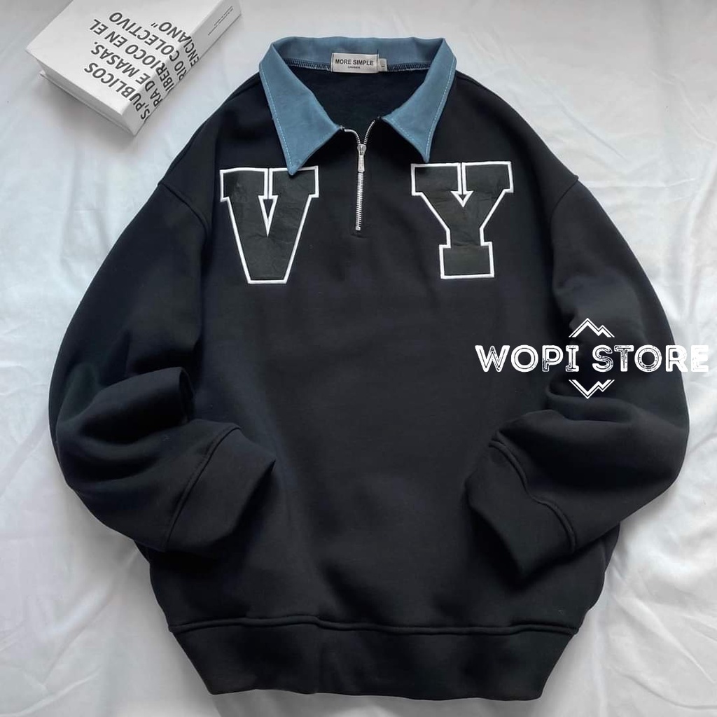 Áo Sweater Polo Phối Dây Kéo V.Y Form Rộng Vải Nỉ Lót Bông Dày Dặn Ulzzang Unisex