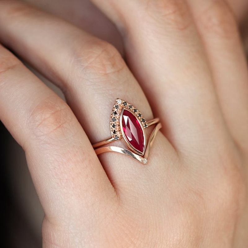 Nhẫn Đính Hôn Vàng Hồng 18K Đính Đá Hồng Ngọc Tự Nhiên 2 Trong 1 Độc Đáo Cho Nữ