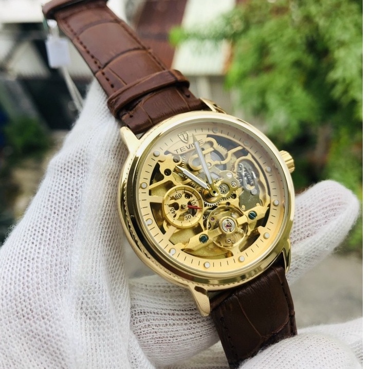 Đồng hồ cơ nam  TEVISE máy cơ chính hãng,Dây da nâu sang trọng thời trang chống nước chống xước tuyệt đối,Bảo hành 100%