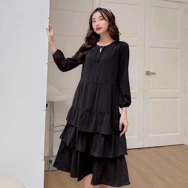 Đầm Nữ NHẬT VY Dáng Suông Cổ Tròn Dây Cột Tay Dài Bo Chun Chất Voan Đi Chơi Màu Hồng, Đen, Xanh - D1979