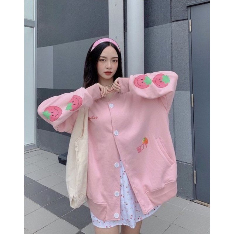 [Ảnh Thật]Áo Khoác Cardigan Nữ Form Rộng Unisex Vải Nỉ In Hình Trái Dâu Tây Ulzzang AK68 Thùy Dương Fashion