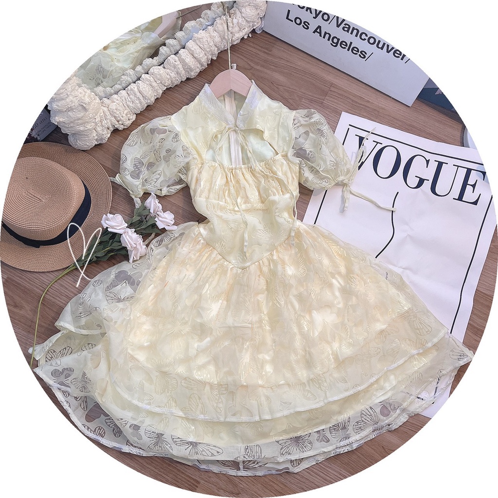 ĐẦM HOA NỔI CUT OUT KEM VÀNG