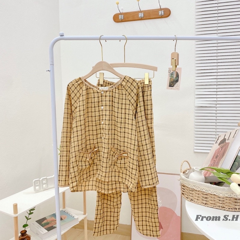 Bộ Kẻ Caro Mặc Nhà Phối Túi Nơ Chất Đũi Xinh