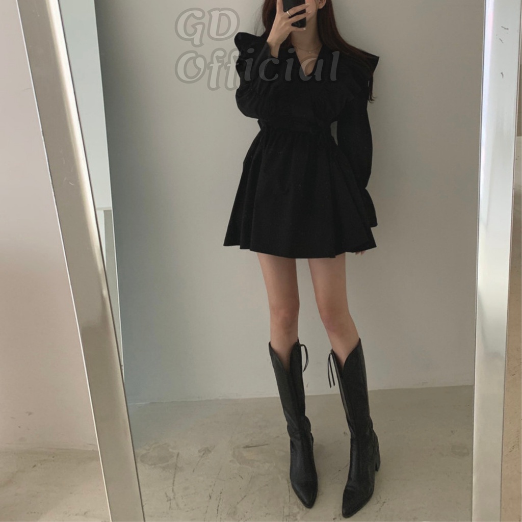 D8|Đầm nữ ngắn thanh lịch, kiểu dáng retro, đơn giản cho nữ chất cotton mềm mại tay phồng nâu, trắng, đen GD Official