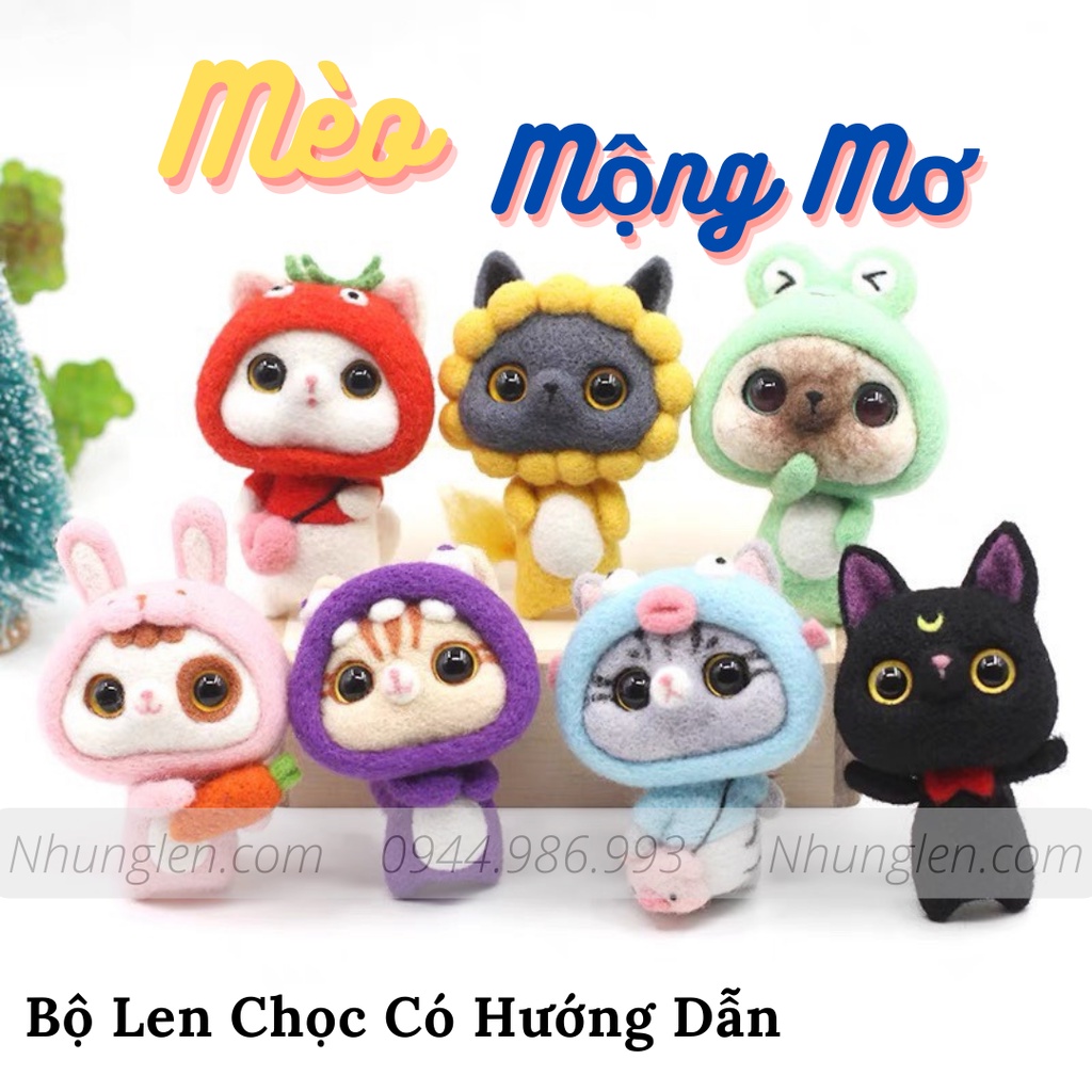 Bộ Len Chọc Mèo Mộng Mơ có hướng dẫn, needle felting cat, quà tặng handmade ý nghĩa
