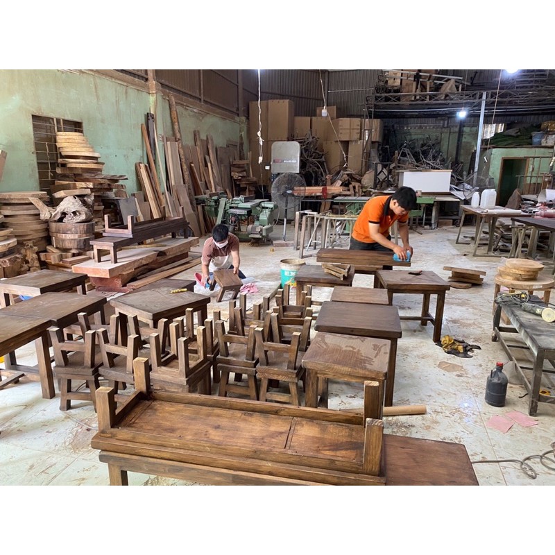 Bàn ghế gỗ thông cao cấp cho bếp hoặc phòng ăn phong cách vintage loại dài - Hàng gia công 1 bàn 4 đôn