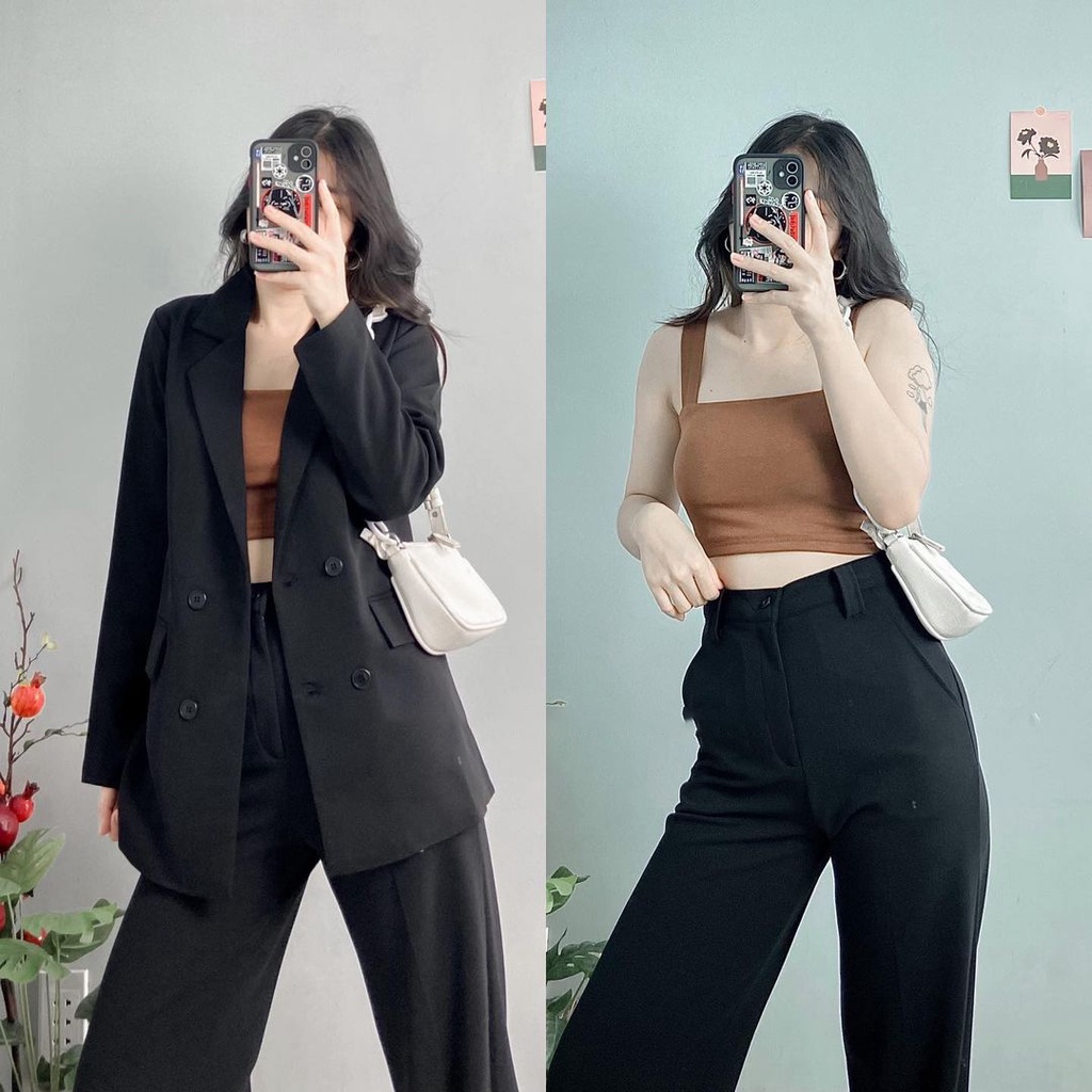 Quân tây ống rộng nữ lưng cao dài màu đen chât vải Cát Hàn kiểu dáng Hàn Quốc LADY QOR03