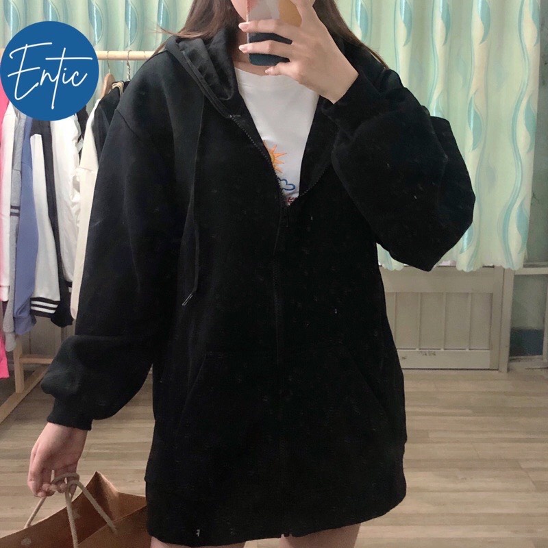 Áo khoác nỉ bông hoodie boxy zip TRƠN 3 Màu trắng xám đen Nam Nữ giữ ấm chống nắng Ulzzang Unisex 123shop