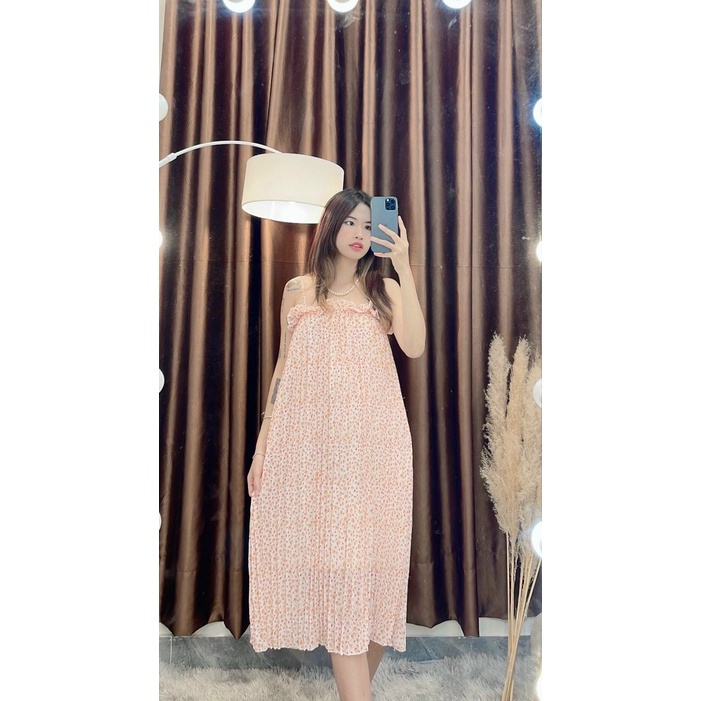 Đầm hai dây hoa nhí dáng suông dài phối bèo bầu bì bon chen đi chơi đi dạo đi du lịch siêu đẹp hình thật