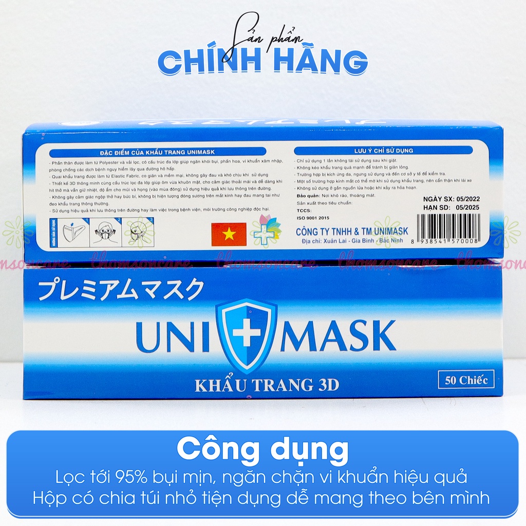 Khẩu Trang 3D Uni mask - Ngăn bụi mịn, vi khuẩn từ công nghệ Nhật Bản form ôm sát mặt dùng được cho cả nam nữ - Hộp 50c