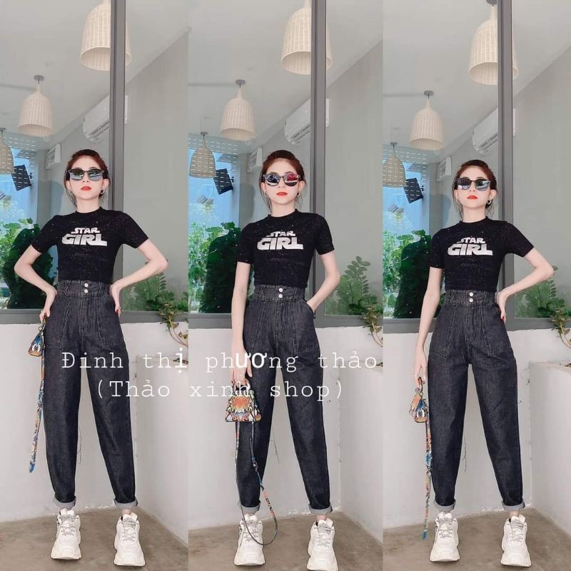 Quần baggy jeans lưng cao đai chéo 3 cúc túi rộng cá tính thảo xinh shop kèm ảnh thật