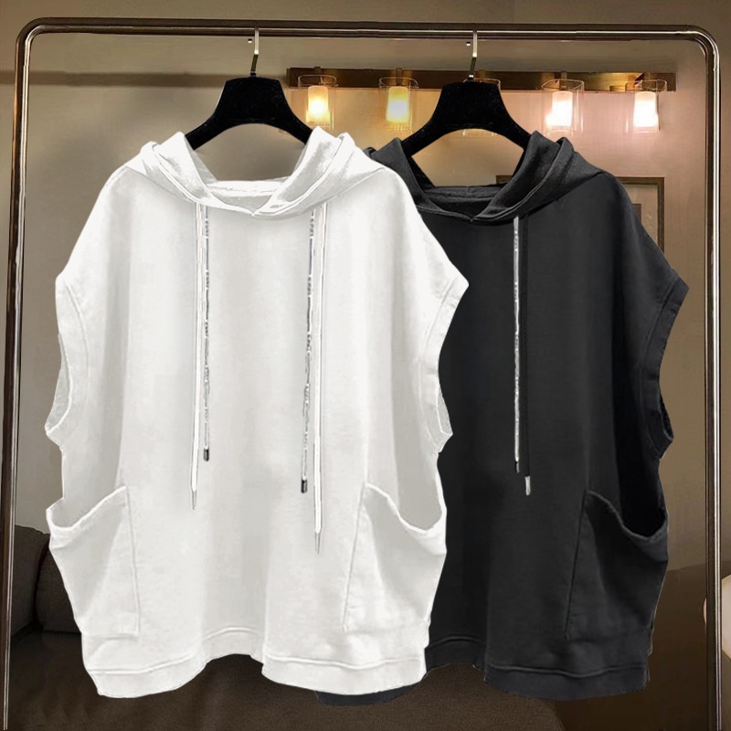 Áo hoodie không tay dáng rộng màu trơn phối túi thời trang cho nam