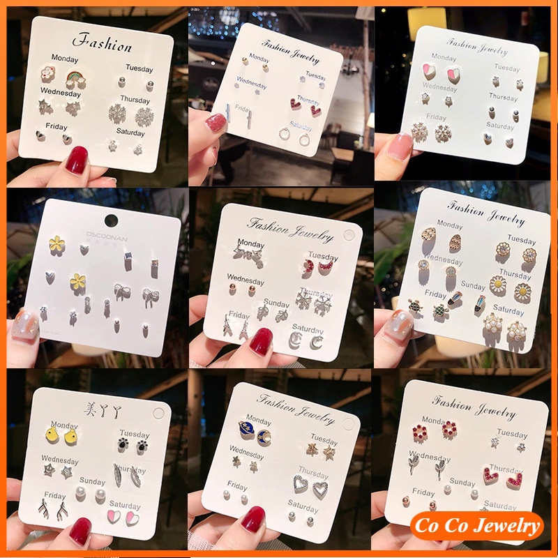 Set 7 đôi bông tai hình hoa / mặt trăng / hoa đơn giản thời trang phong cách nhật hàn