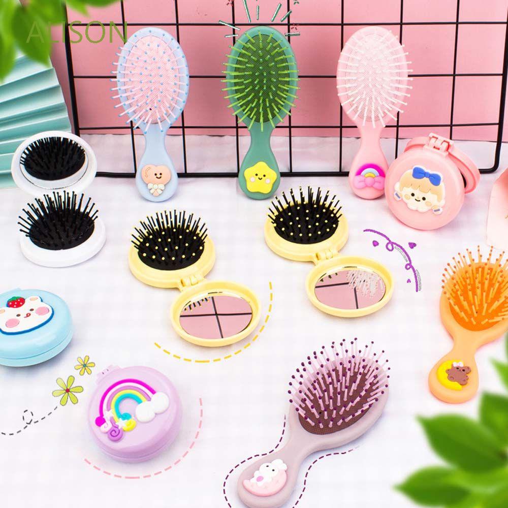 Lược chải tóc mini hình tròn gấp gọn kèm gương soi mát xa da đầu chống tĩnh điện thiết kế dễ thương