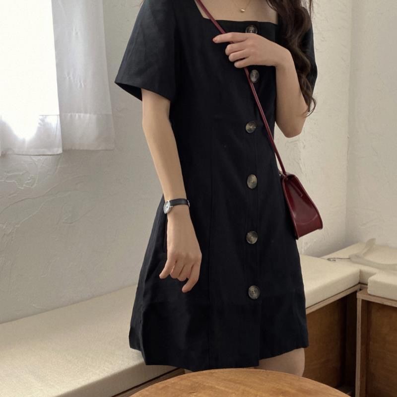 Đầm thời trang xinh xắn dành cho nữ/S-xl👗👗Đầm đen tay ngắn chiết eo phong cách Retro Pháp