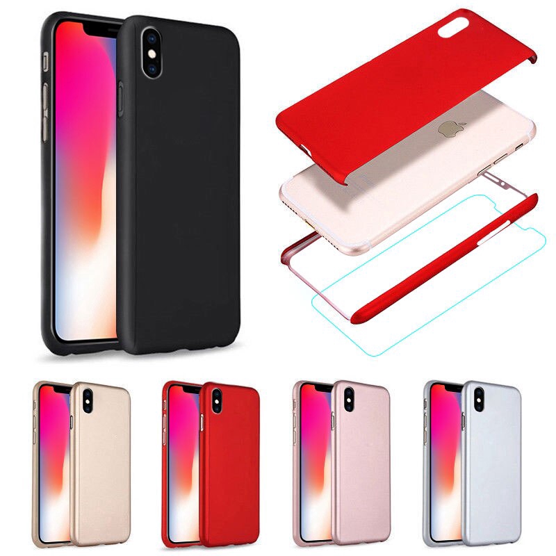 Ốp điện thoại PC cứng + kính cường lực bảo vệ 360 độ cho IPHONE X XR XS MAX 8 6 6S 7 PLUS 5 5S SE 5C 11 11PRO