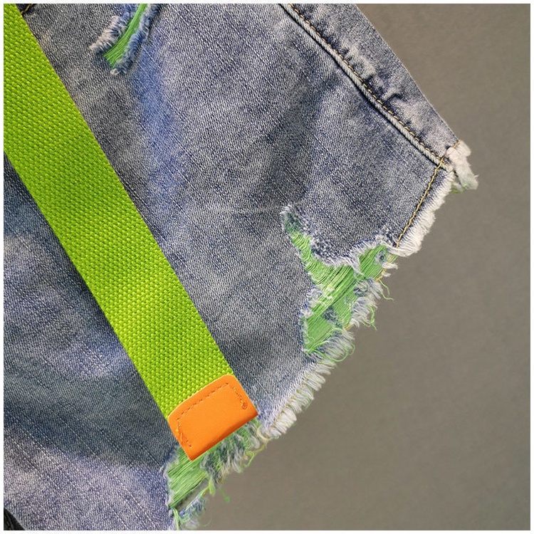 Quần denim ngắn lưng cao phối rách cỡ lớn có thắt lưng thời trang cho nữ 44410