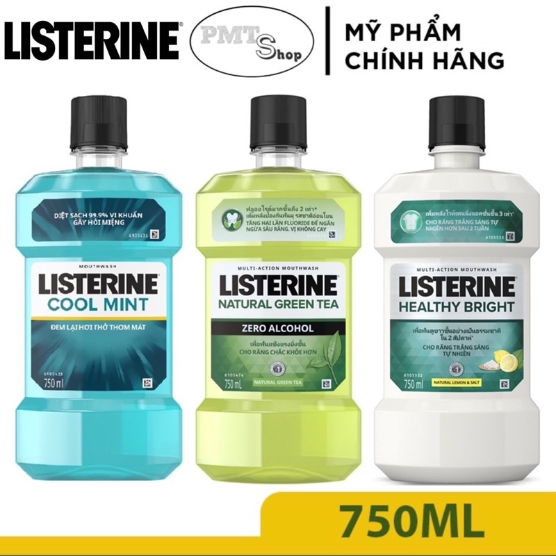 Nước Súc Miệng Listerine 750ml Làm Trắng Răng Healthy Bright | Trà Xanh | Cool Mint