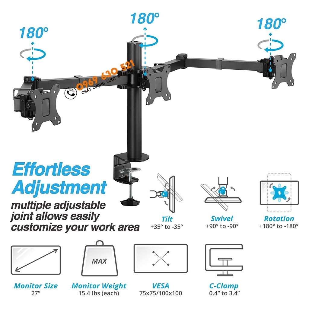Giá Treo 3 Màn Hình Nằm Ngang M083 Cao Cấp 17 - 27 Inch / Tải Trọng 8Kg - Lắp Đặt Kẹp Bàn - Xoay 360 Độ