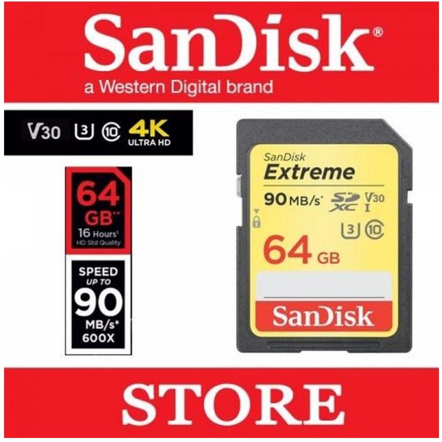 Thẻ nhớ Máy Ảnh SD SanDisk Extreme U3 4K 90MB/s 64GB -> 16GB . Tốc độ cao