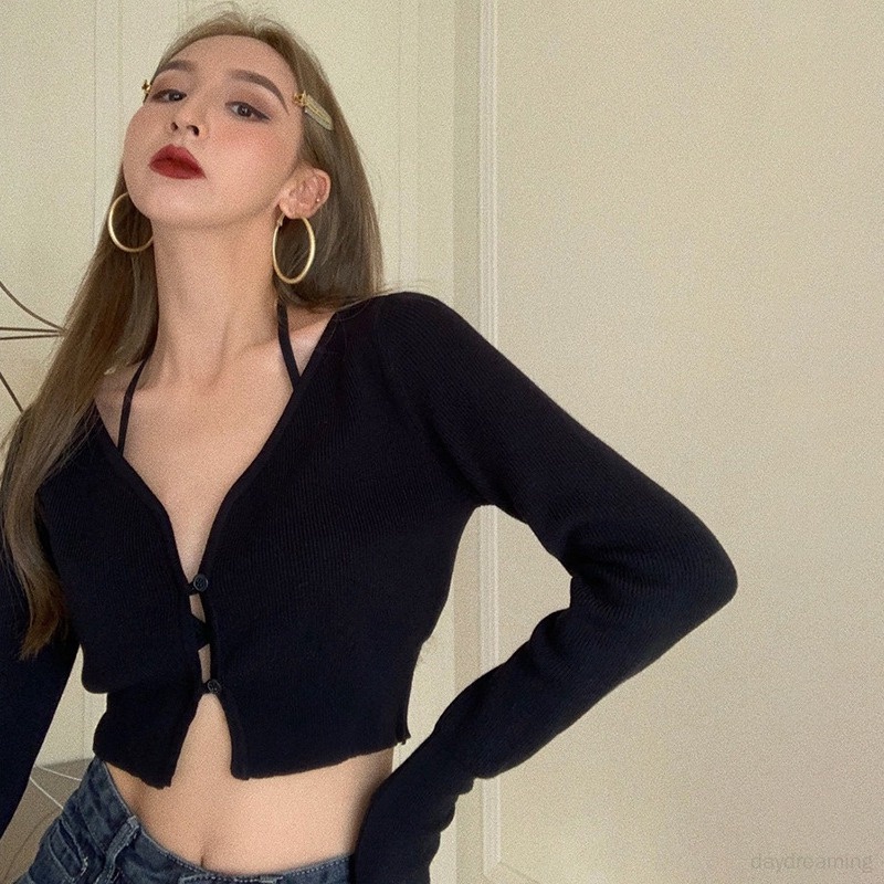Áo Croptop Tay Dài Màu Trơn Cổ Chữ V Thời Trang Cho Nữ