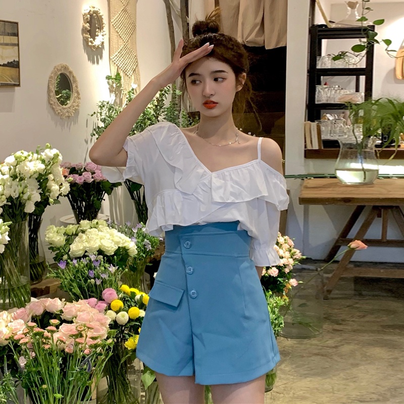 Set Áo Trễ Vai Tay Phồng + Chân Váy Thiết Kế Độc Đáo Thời Trang Quyến Rũ Cho Nữ