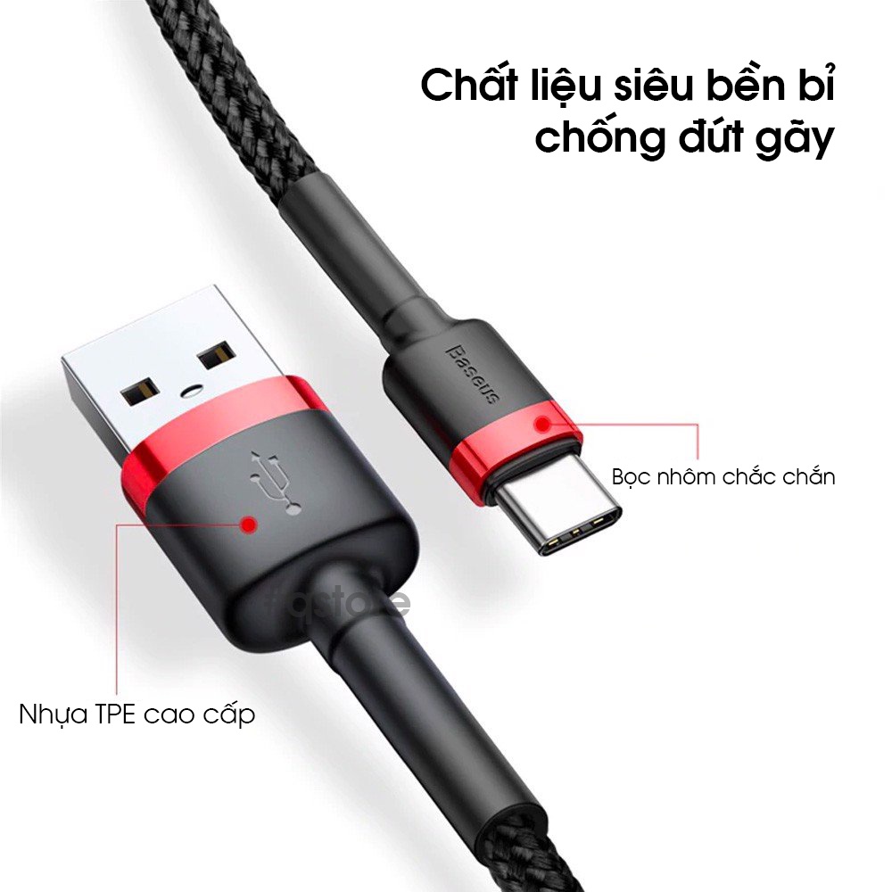 Cáp sạc Baseus type C, Sạc nhanh 3.0A bọc dù siêu bền Qstore chiều dài 1M, 2M