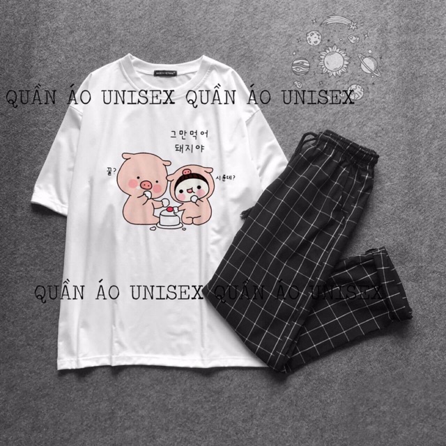 Sét áo lợn chữ Hàn + quần kẻ nhỏ