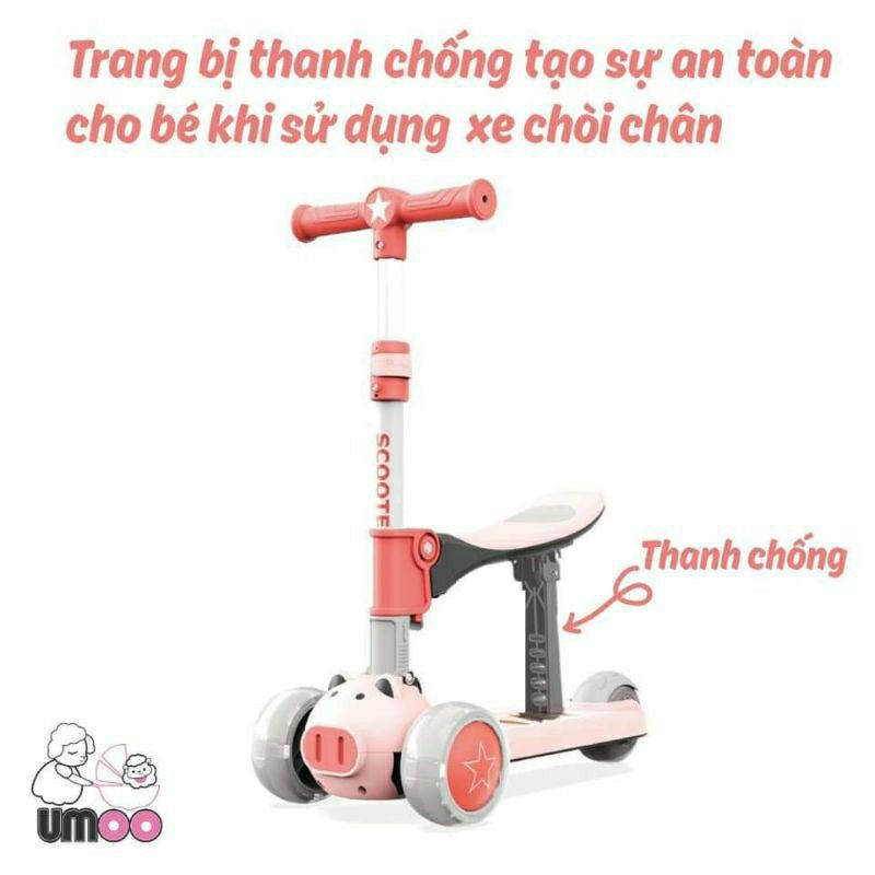Xe trượt Scooter cho bé Umoo 2 trong 1 hình heo UM-0277, vừa là xe scooter vừa là xe chòi chân