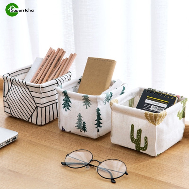 Giỏ đựng mỹ phẩm để bàn bằng vải lanh cotton có thể gấp gọn tiện lợi