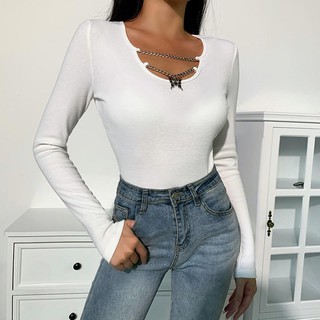 Áo Thun Tay Dài Dáng Ôm Có Mặt Dây Xích Kim Loại Hình Bướm Phong Cách Harajuku Hàn Quốc Cho Nữ