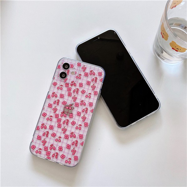 iPhone 11 Pro Max / iPhone12 / iPhone X / iPhone 7 Plus / iPhone 8 / iPhone 6 with side groove printed with strawberry cherry mesh against drop of phone cover