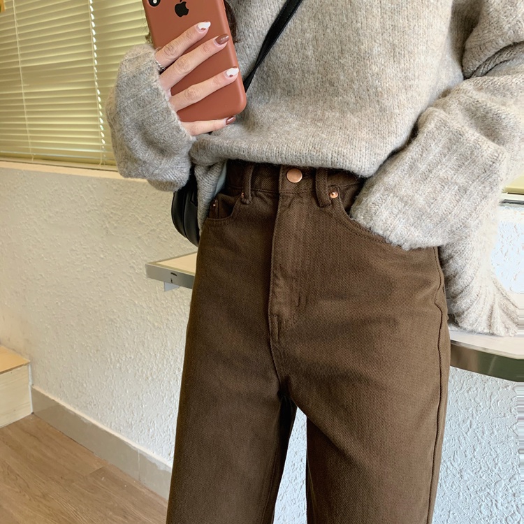 Kumi.vn SẴN quần jeans nâu ống suông cạp cao