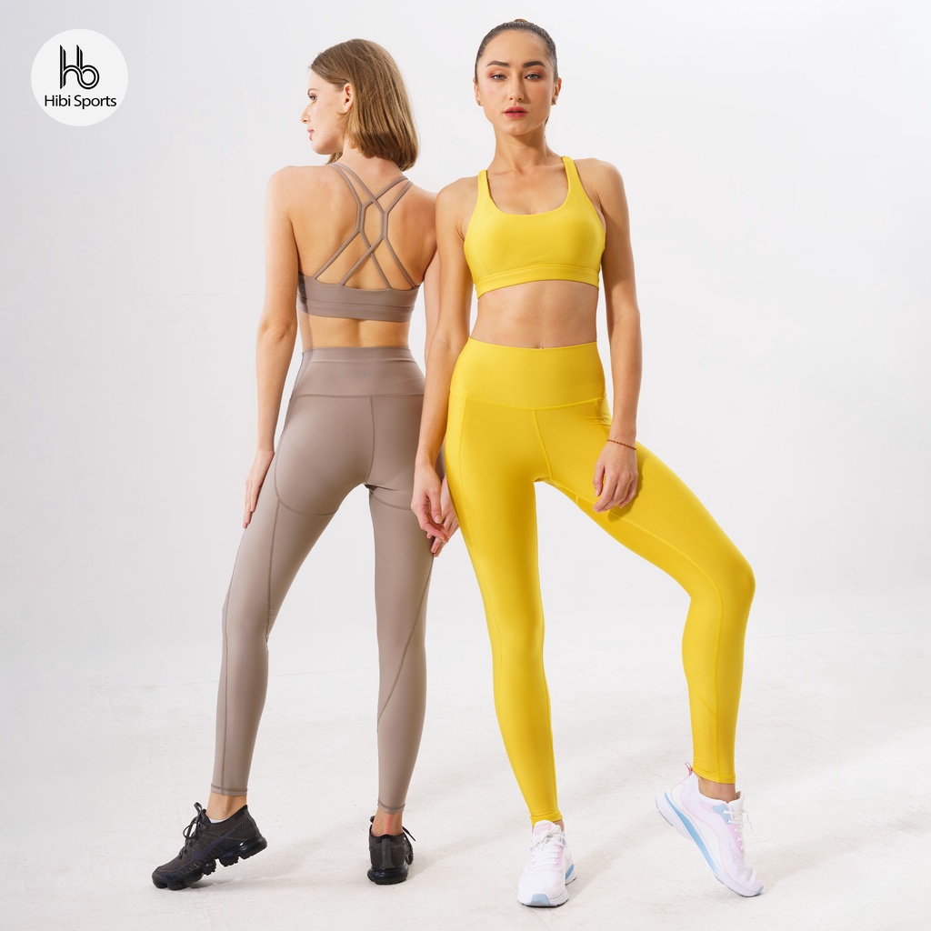 Set đồ tập yoga Luxury Hibi Sports H130 màu vàng và nude, áo bra thể thao 4 dây đánh đôi, kèm mút nâng ngực thumbnail