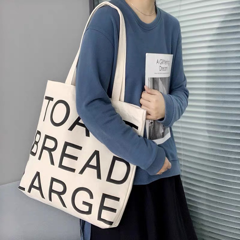 Túi tote túi vải canvas phong cách Hàn quốc, có khóa miệng, có ngăn phụ bên trong thời trang ulzzang