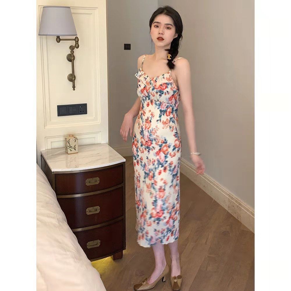 Đầm dài hai dây in họa tiết phong cách Hàn Quốc dành cho nữ