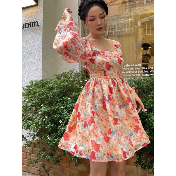 ĐẦM HOA TAY PHỒNG CUTOUT NƠ LƯNG